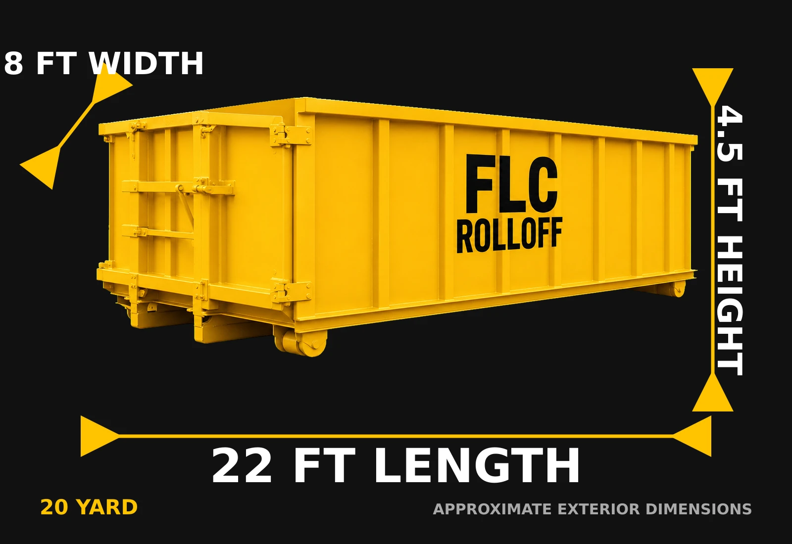 20 yard dumpster, approximate exterior dimensions 22 ft L x 8 ft W x 4.5 ft H